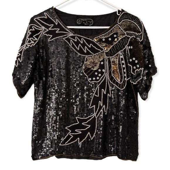 VTG Jean for Joseph Le Bon Black Sequin Silk Top Medium - Picture 2 of 5